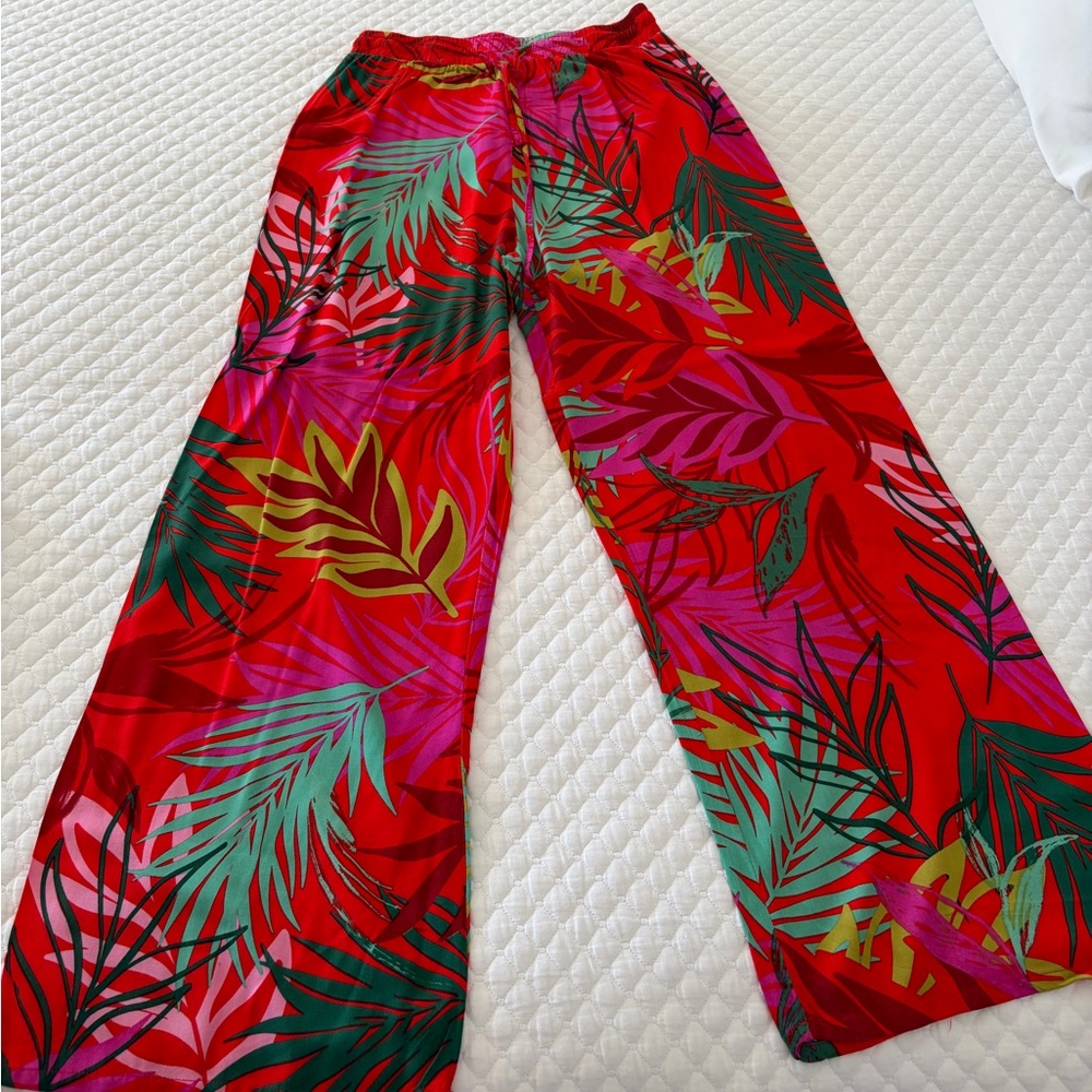 Mlle Gabrielle Red Tropical Leaf Wide-Leg Pants